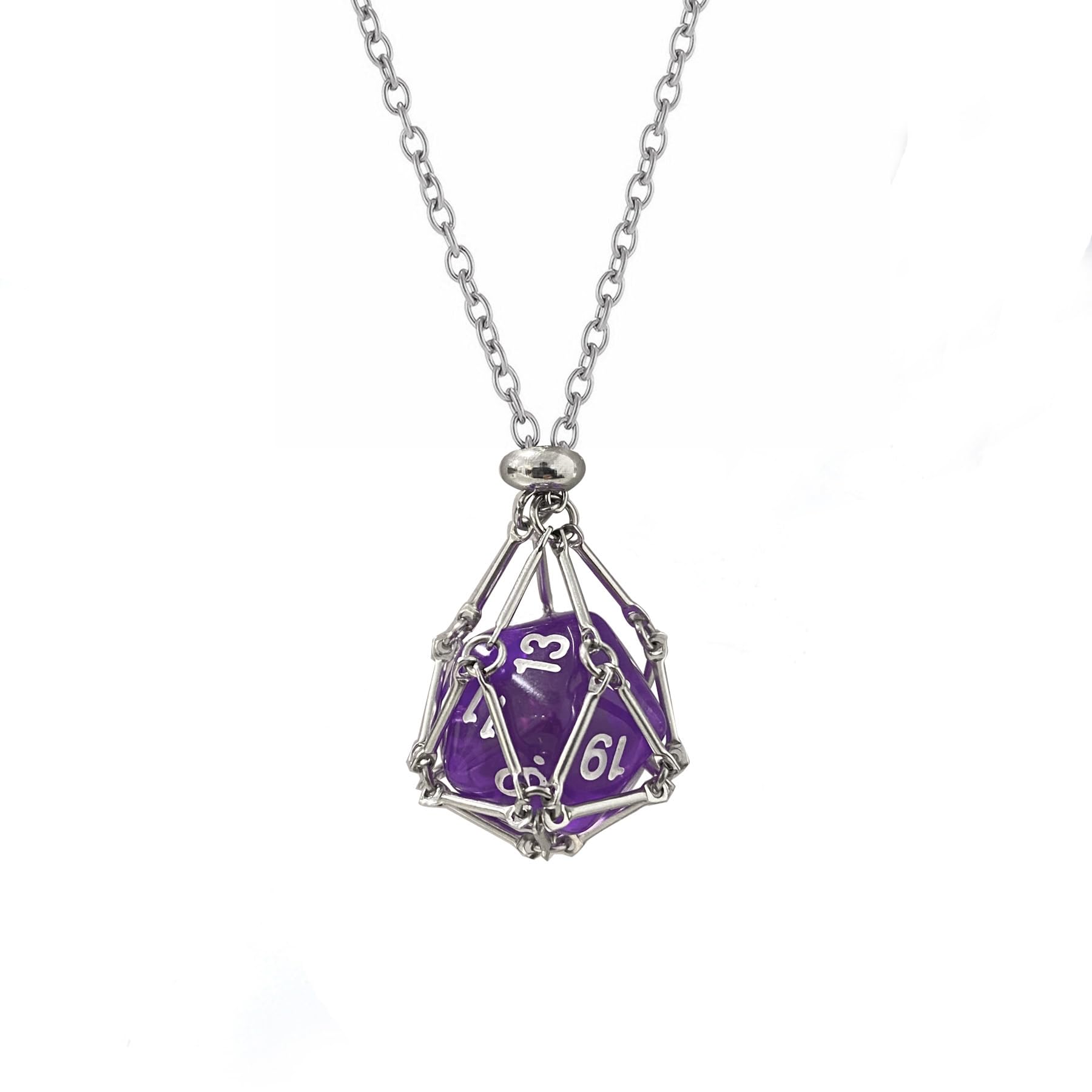 Kingdong DND D20 Dice Necklace - Interchangeable Stainless Steel Cage for d&d Dice, Dice Pendant DND Gift for Dungeon Master, D&D Player and RPG Gamer (Purple) -Like New