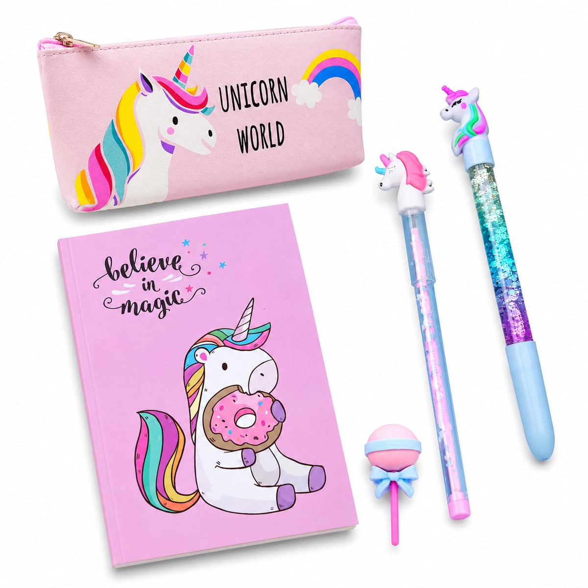 Relia Online Unicorn Stationery Gift Set For Girls & Kids | Ruled Unicorn Diary, Pencil Pouch, Cute Eraser, Unecon Pencil & Glit