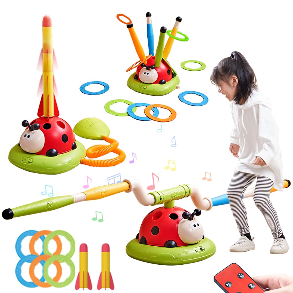 Powza 3 In 1 Musical Jump, Toss Ring Game Toy And Stomping Launch Rocket Launcher For Kids Outdoor Toys With Remote Control, Indoor Outside Toys For Kids Ages 4-8 Toys For Ages 5-7 8-13 Kids Gifts
