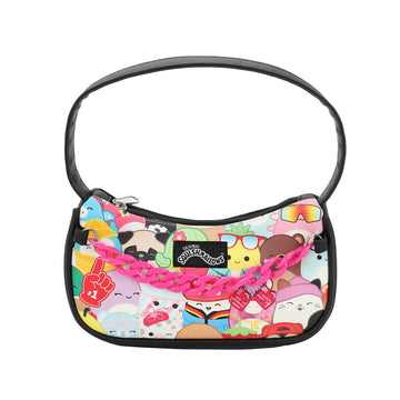 Squishmallows Handbag 4-Piece Gift Box Set Character Collage Design Purse with Pink Chain and Collectible Rubber Charms