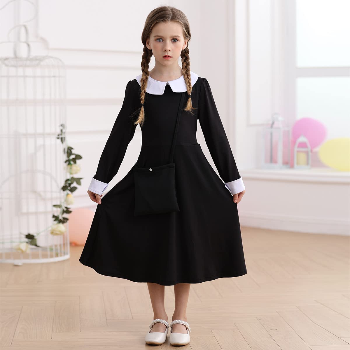Luzlen Black Costume Girls With Wig Socks Kids Toddler Black Family Dress Halloween Cosplay Outfits, Black, 6-7Y(Tag 140)