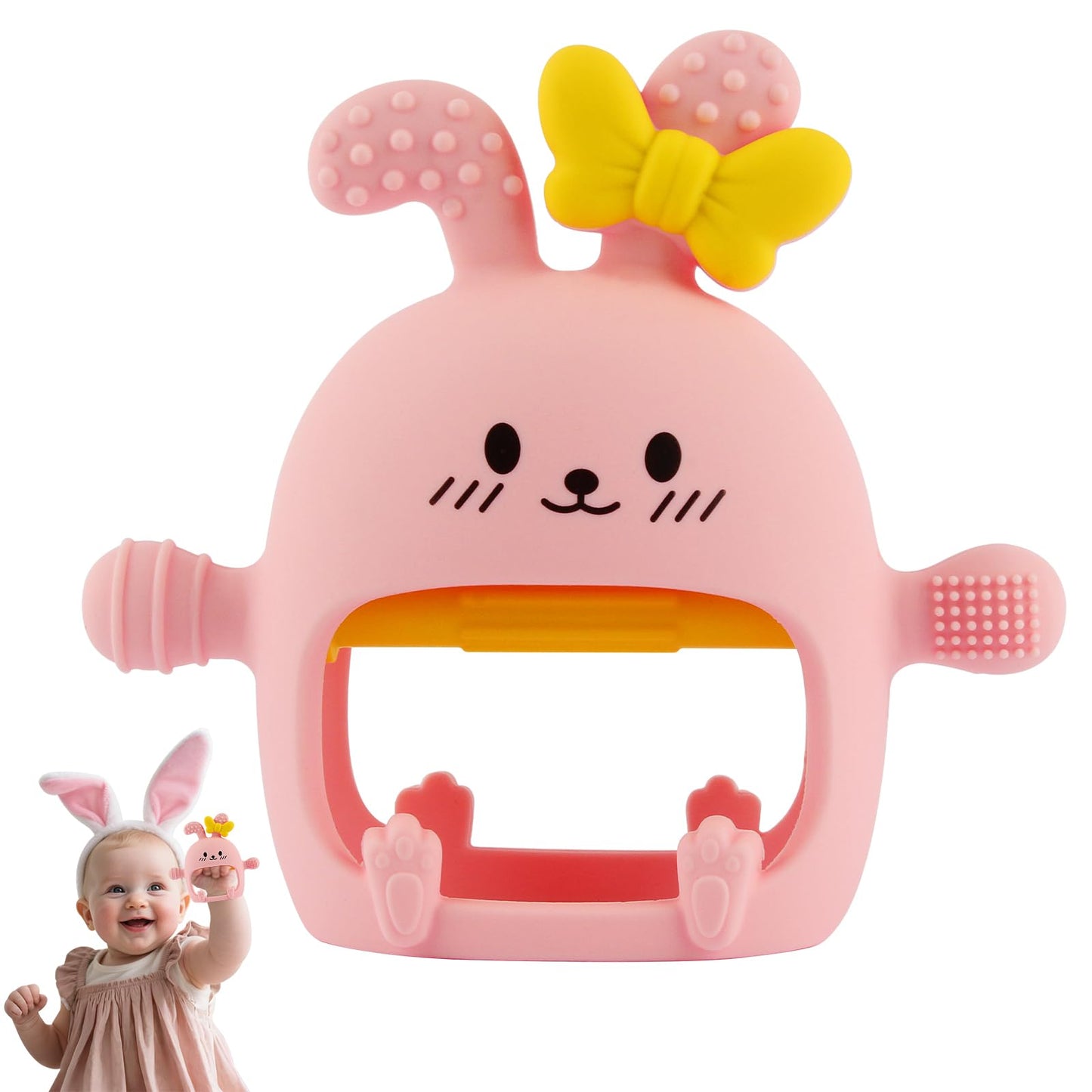 Chuya Baby Teething Toy for 0-3 3-6 6-12 12-24 Months Bunny Mitten Toys Anti-Drop Chewable Hand Teether for Infant,Food Grade Si
