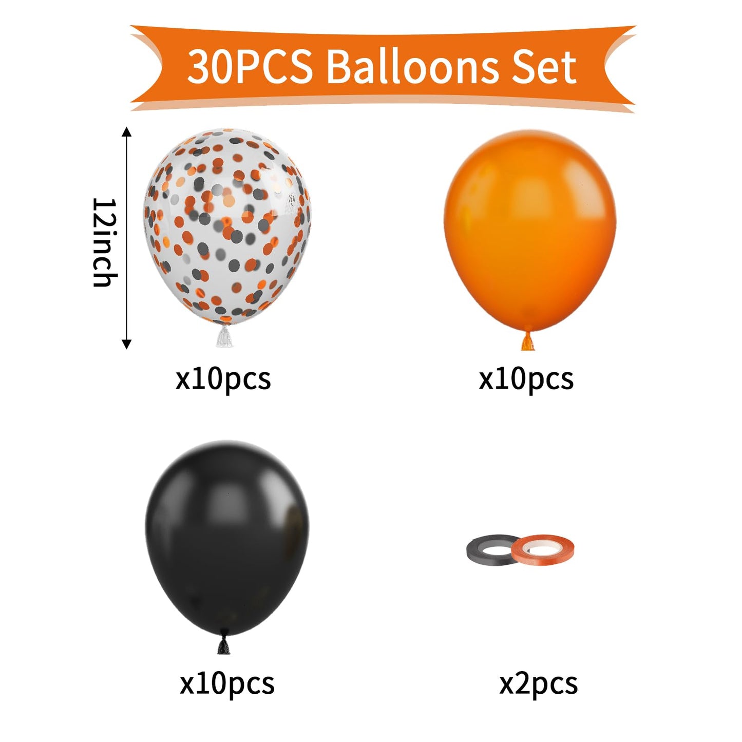 Paready Black Orange Balloons, 30Pcs Halloween Party Balloons 12 Inch Orange Black Confetti Balloons Matte Halloween Latex Ballo
