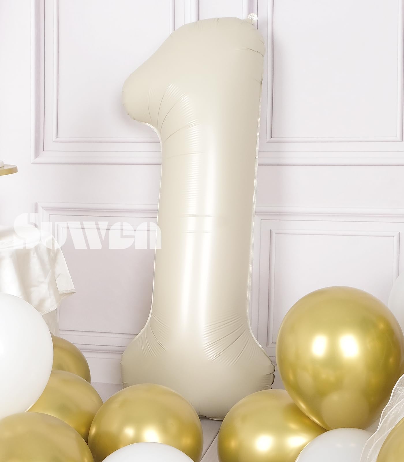 Suwen 40 Inch Cream White Large 1 Balloon Numbers Big Foil Helium Number Balloons 0-9 Jumbo Happy 1St Mylar Birthday Party Decor