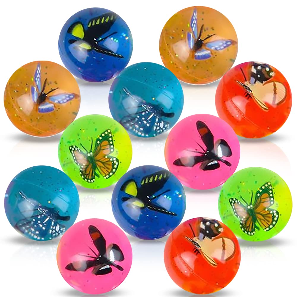 Artcreativity Butterfly High Bounce Balls, Set Of 12, Balls For Kids With 3D Butterfly Inside, Outdoor Toys For Encouraging Active Play, Party Favors And Pinata Stuffers For Boys And Girls