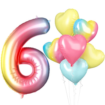 Biapian 40 Inch Rainbow Number 6 Balloons, 7Pcs Gradient Large 6Th Birthday Balloons With 18'' Foil Heart Balloon Helium For 6Th
