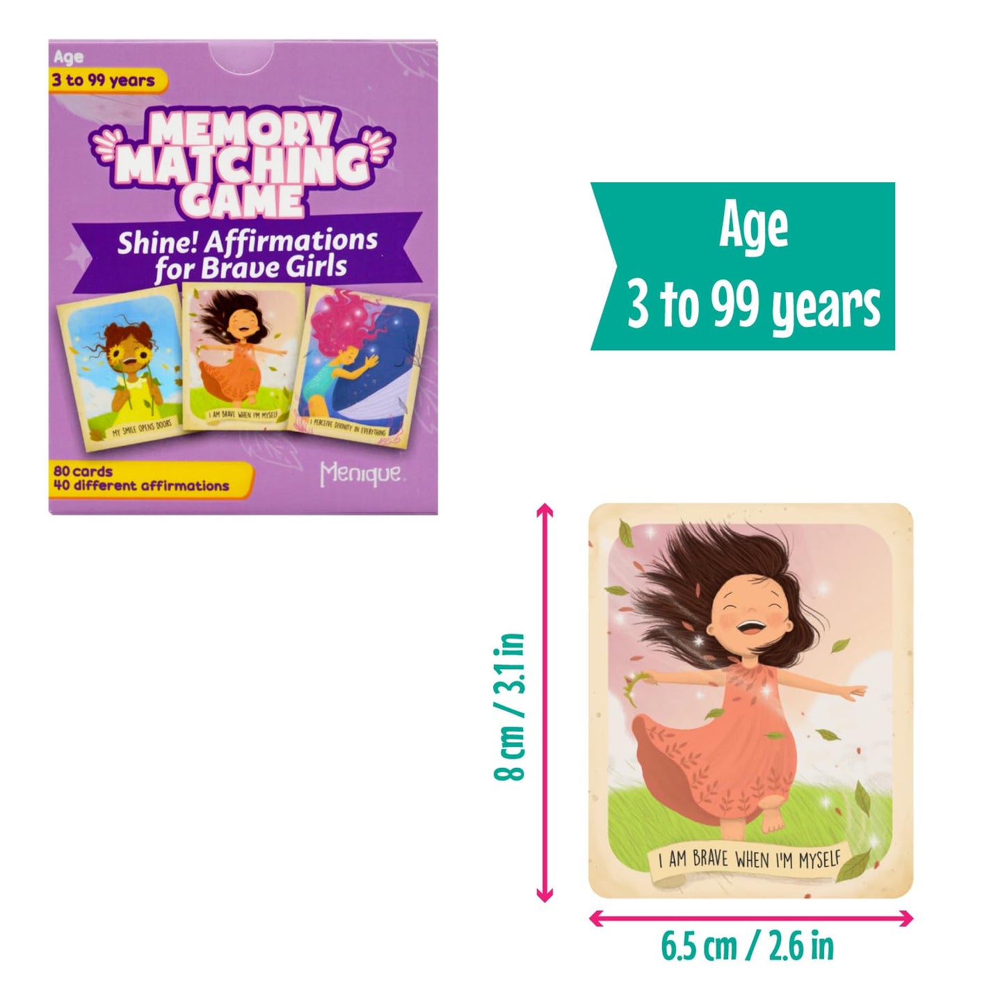 Menique Shine Memory Matching Game - 80 Cards (40 Pairs) with Positive Affirmations for Brave Girls - Motivational & Mindful Mat