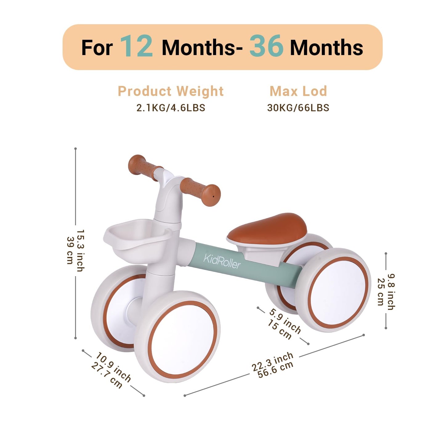 KidRoller Kids Balance Bikes for 1 Year Old Boys and Girls, 12-36 Months Toddler Ride-on with Adjustable Seat and a Front Baske