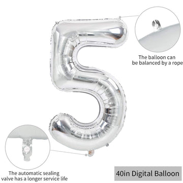 Toniful 40 Inch Silver Large Numbers Balloons 0-9, Number 5 Digital 5 Helium Balloons, Foil Mylar Big Number Balloons For Birthd
