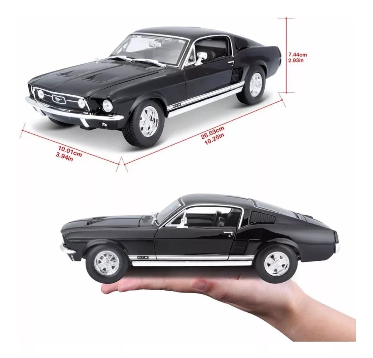 Koenig-Tom Maisto 1967 Ford Mustang GTA FastBack Diecast Model Toy Car, Large, Black, Rubber