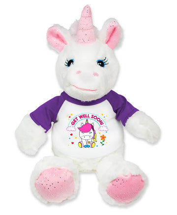 Flutter Hut Get Well Soon Unicorn Plush Pink Sparkles Message T-Shirt Purple Sleeves 8 Inches