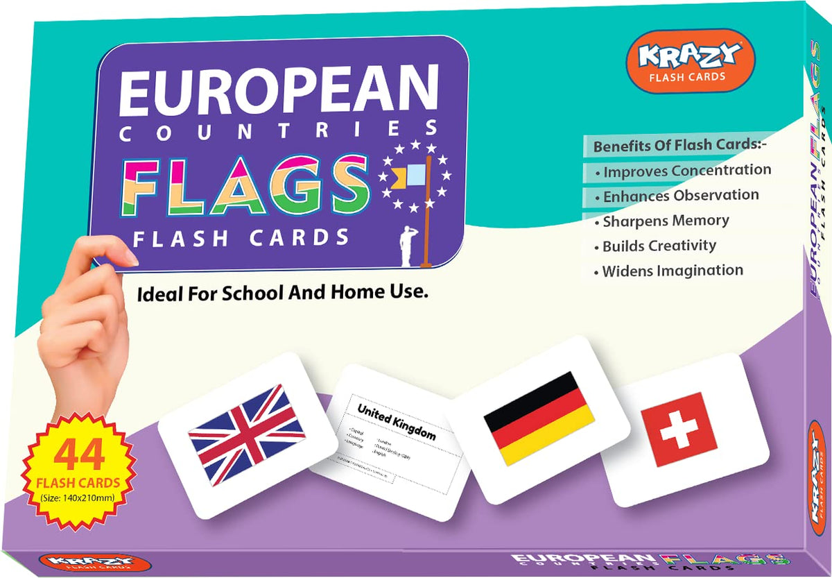 Krazy Learning European Countries Flags Flash Cards For Kids | Easy & Fun Way Of Learning 3 Months To 6 Years I 46 Real Image Fl