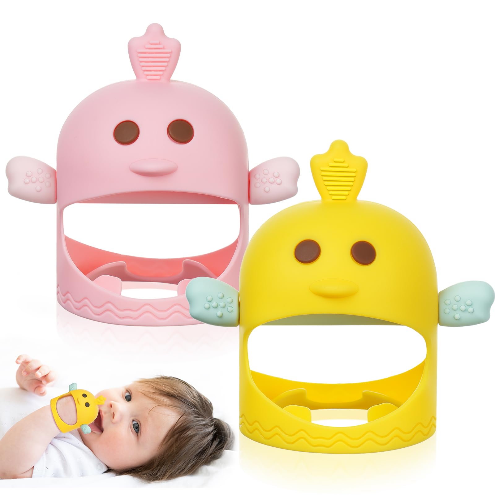 Vicloon Baby Teething Toy  2PCS Silicone Teething Mitten with 2PCS Replacement Grip Never Drop Baby Chew Toys for Teething Relief Soothing Teether for Babies 0-6 Months Teether Toy for Sucking Needs