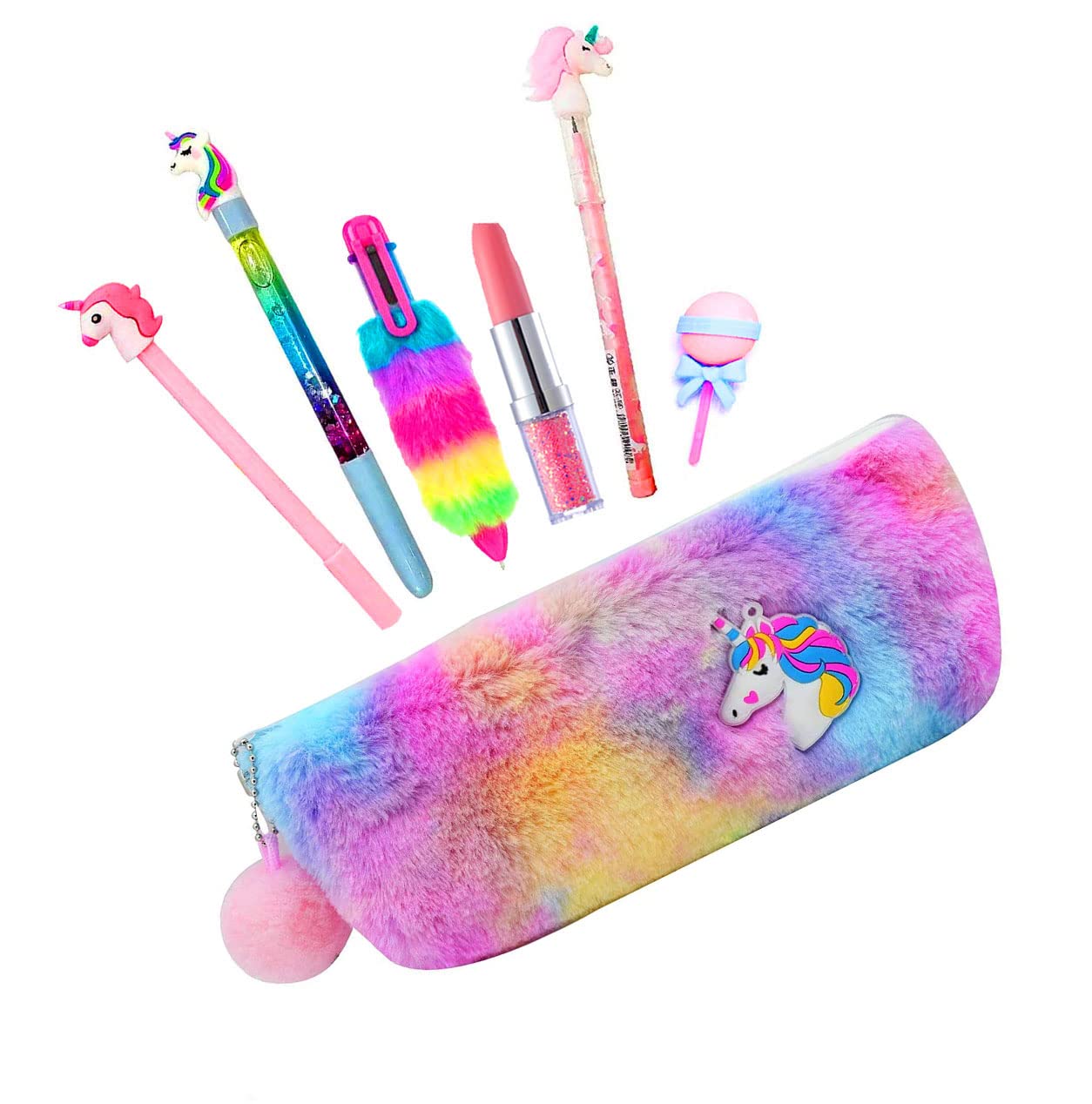 Kobbet Unicorn Stationery 6In1 Set: Water Glitter Pen, Lipstick Pen, Dessert Eraser, Pencil, Fur Pen With Cotton Pouch For Girls
