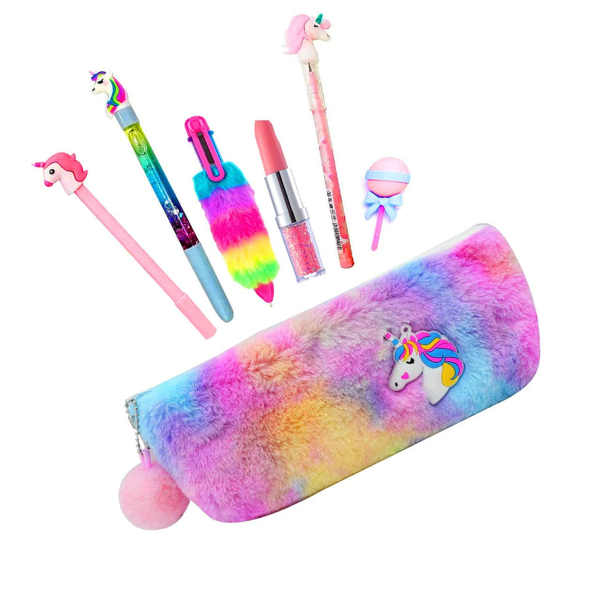 Kobbet Unicorn Stationery 6In1 Set: Water Glitter Pen, Lipstick Pen, Dessert Eraser, Pencil, Fur Pen With Cotton Pouch For Girls