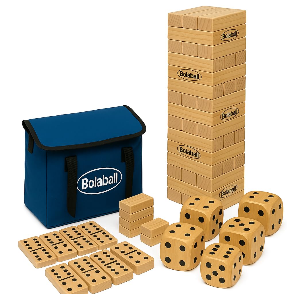 Outdoor Game Set Including 45 Giant Tumbling Blocks  28 Giant Dominoes  And 6 Giant Dice  Giant Outdoor Games For Family Fun  Set Of 3  Classic Block Giant Outdoor Game For Adults -Like New