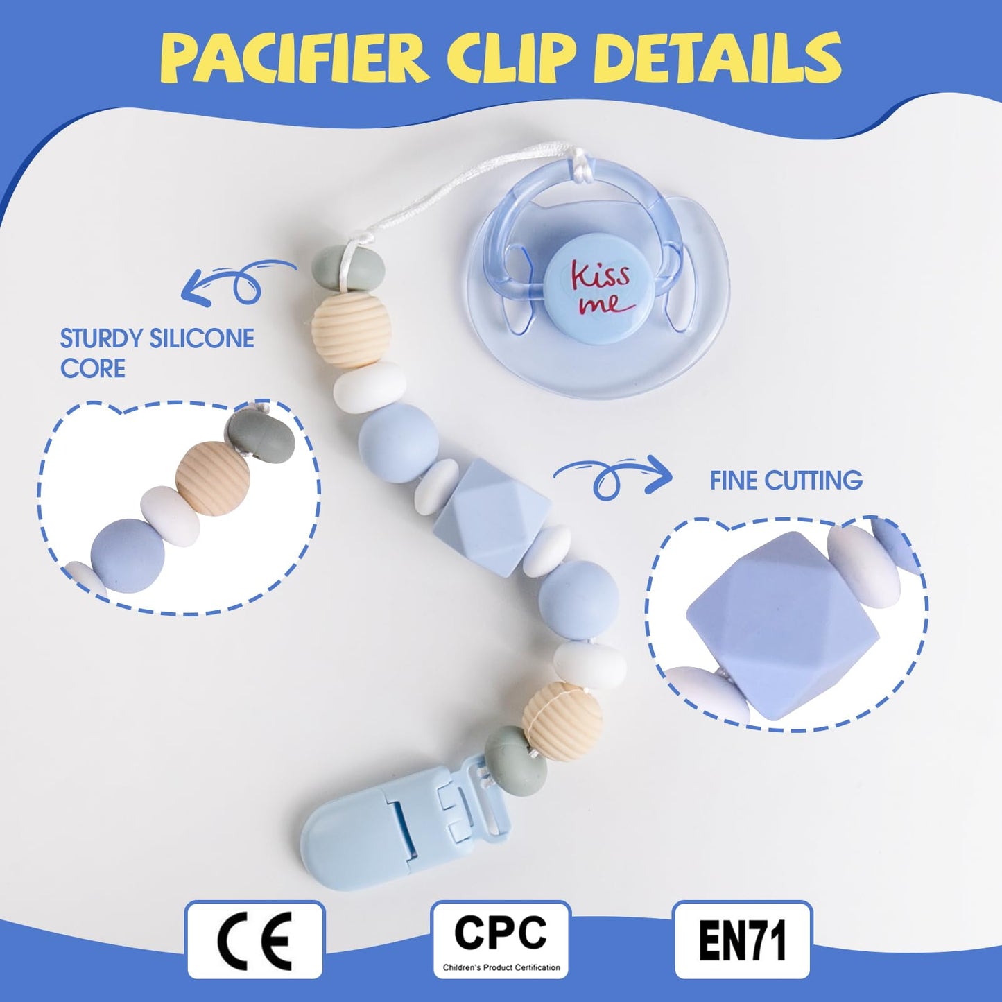 Aori Slicone Pacifier Clips Holder Flexible Binky Clip With Magnetic Pacifier For Lifelike Reborn Dolls - Blue