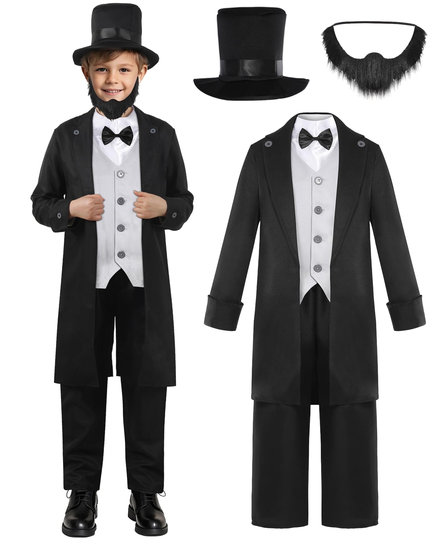 Rayekrot Deluxe Kids Abraham Lincoln Costume Boys Presidents Day Costume Halloween Cosplay Dress Up (8-10 Years) Black