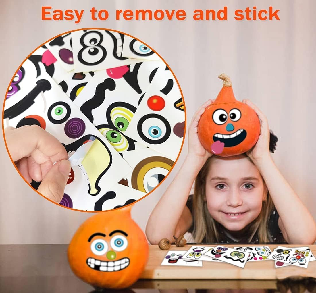 Kockuu 36 Pack Halloween Pumpkin Decorating Stickers, 18 Sheets Mini Vinyl Face Stickers for Kids Party Favors, 36 Colorful Designs