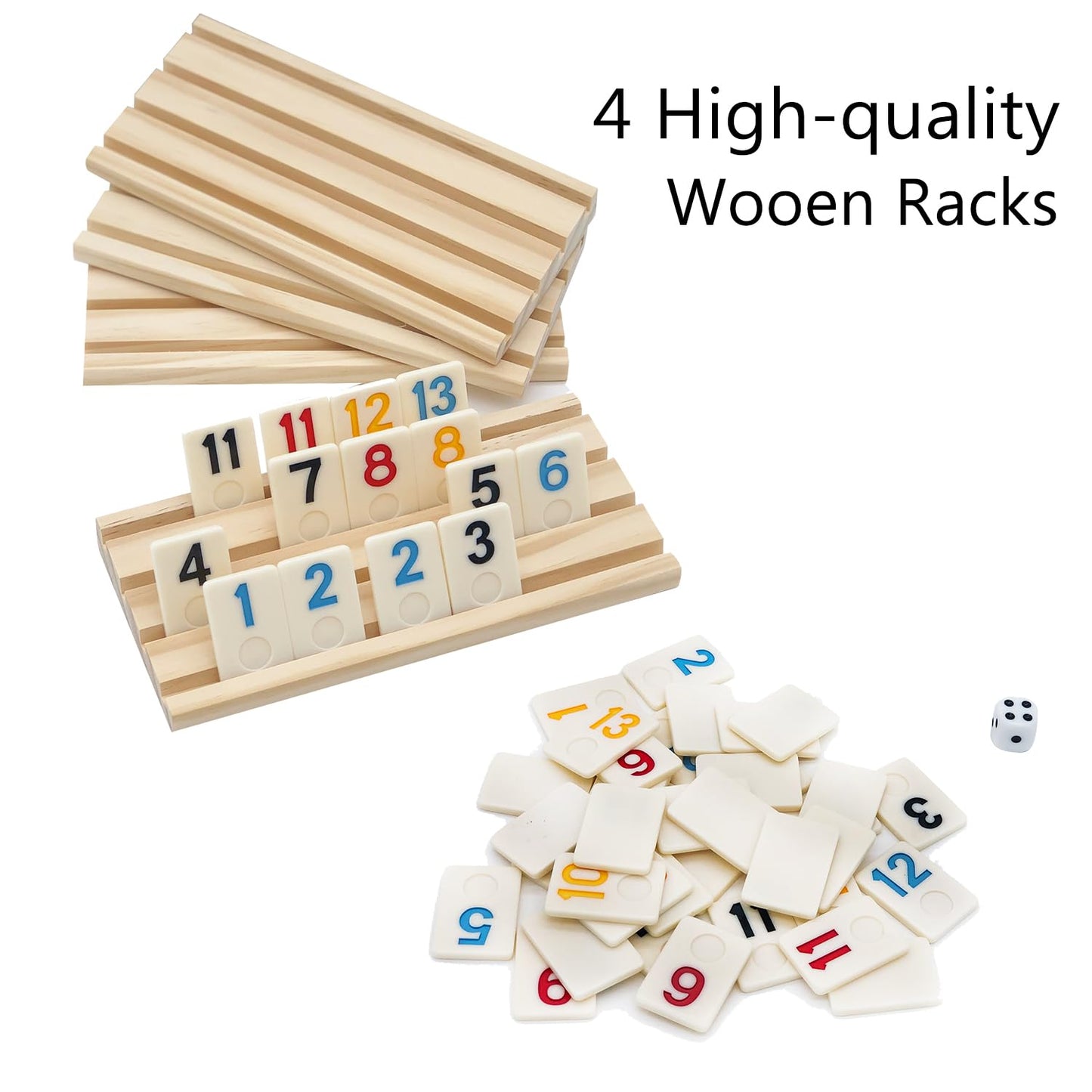 Dollergo Rummy Game With 4 Wooden Racks/Trays, Rummy Cube Game With Portable Case 106 Rummy Tiles Travel Game Set With 4 Tiles H