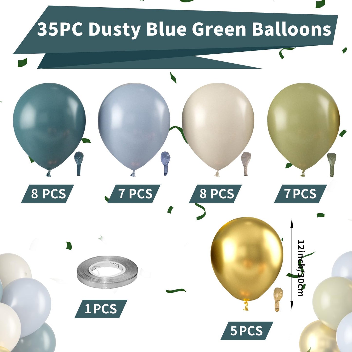Paready Dusty Blue Green Balloons - Rubber, Boho Birthday & Wedding Decorations, Sage Green & Metallic Gold
