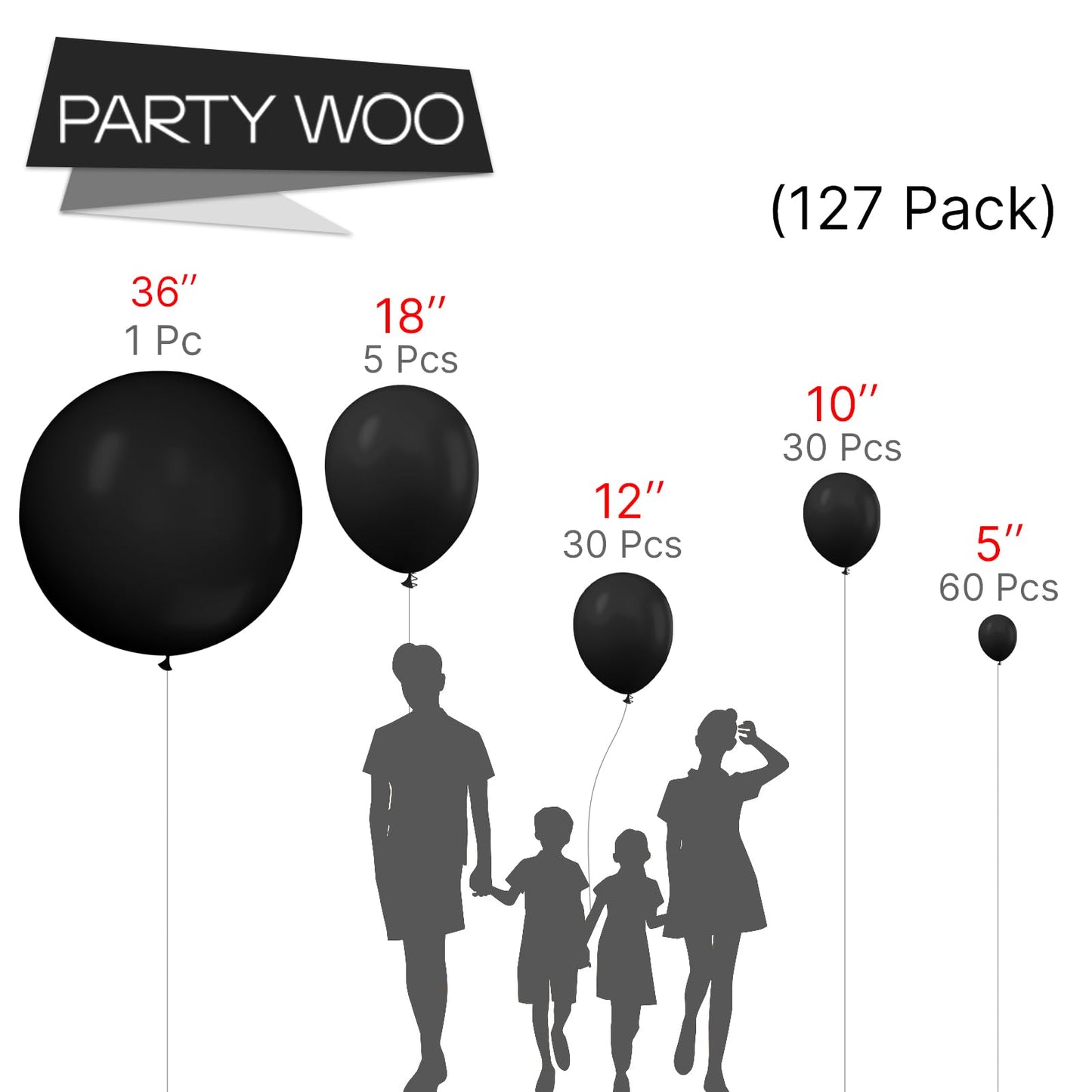Partywoo Black Balloons, 127 Pcs Matte Black Balloons Different Sizes Pack Of 36 Inch 18 Inch 12 Inch 10 Inch 5 Inch Black Balloons For Balloon Garland Or Balloon Arch As Party Decorations, Black-Y18