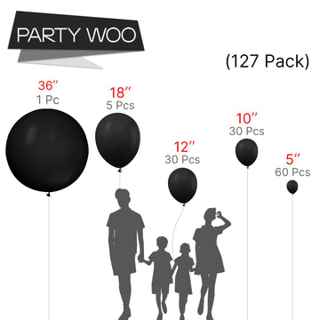 Partywoo Black Balloons, 127 Pcs Matte Black Balloons Different Sizes Pack Of 36 Inch 18 Inch 12 Inch 10 Inch 5 Inch Black Balloons For Balloon Garland Or Balloon Arch As Party Decorations, Black-Y18