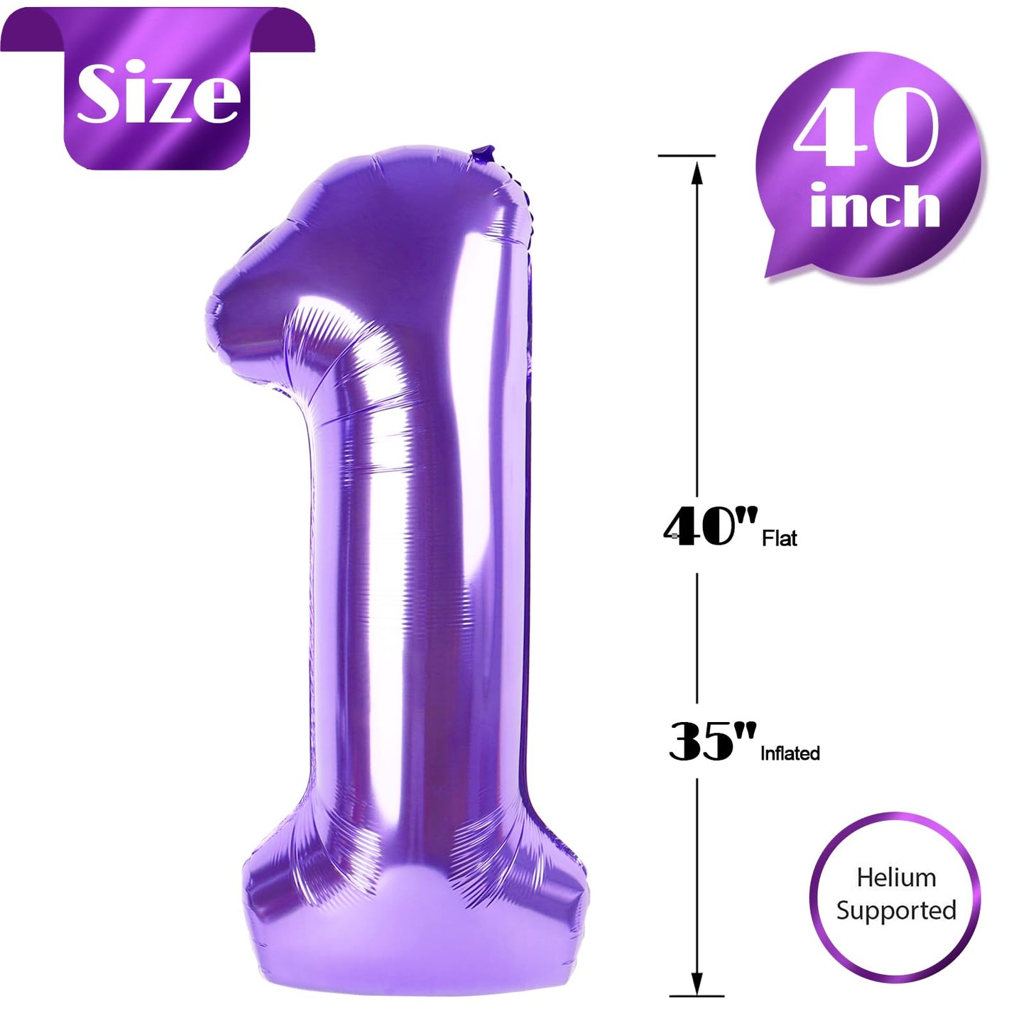 40 Inch Purple 1 Balloon For First Birthday, Purple One 1St Number Balloon Birthday Decorations For Girl Boy Toddler Baby, 10Th