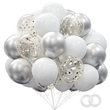 62Pcs Party Decorations Balloons Kit - 12 Inches Silver White Confetti Party Balloons For Graduation Birthday Wedding Party Baby Shower Decoration Supplies