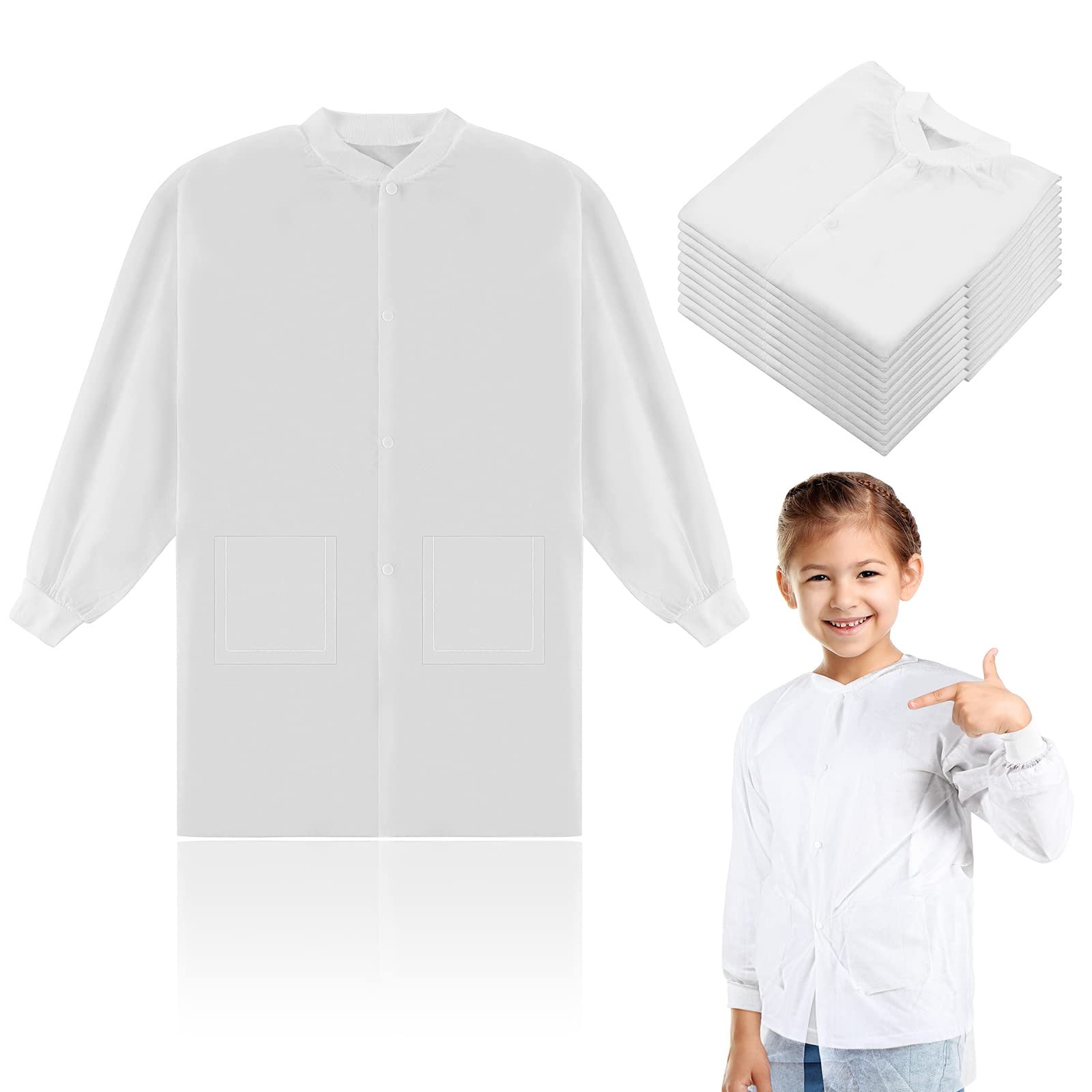 Patelai 10 Pcs Kids Disposable Lab Coats White Science Coats Bulk for Child with Elastic Knit Cuffs and Front Snap Fastener(Larg