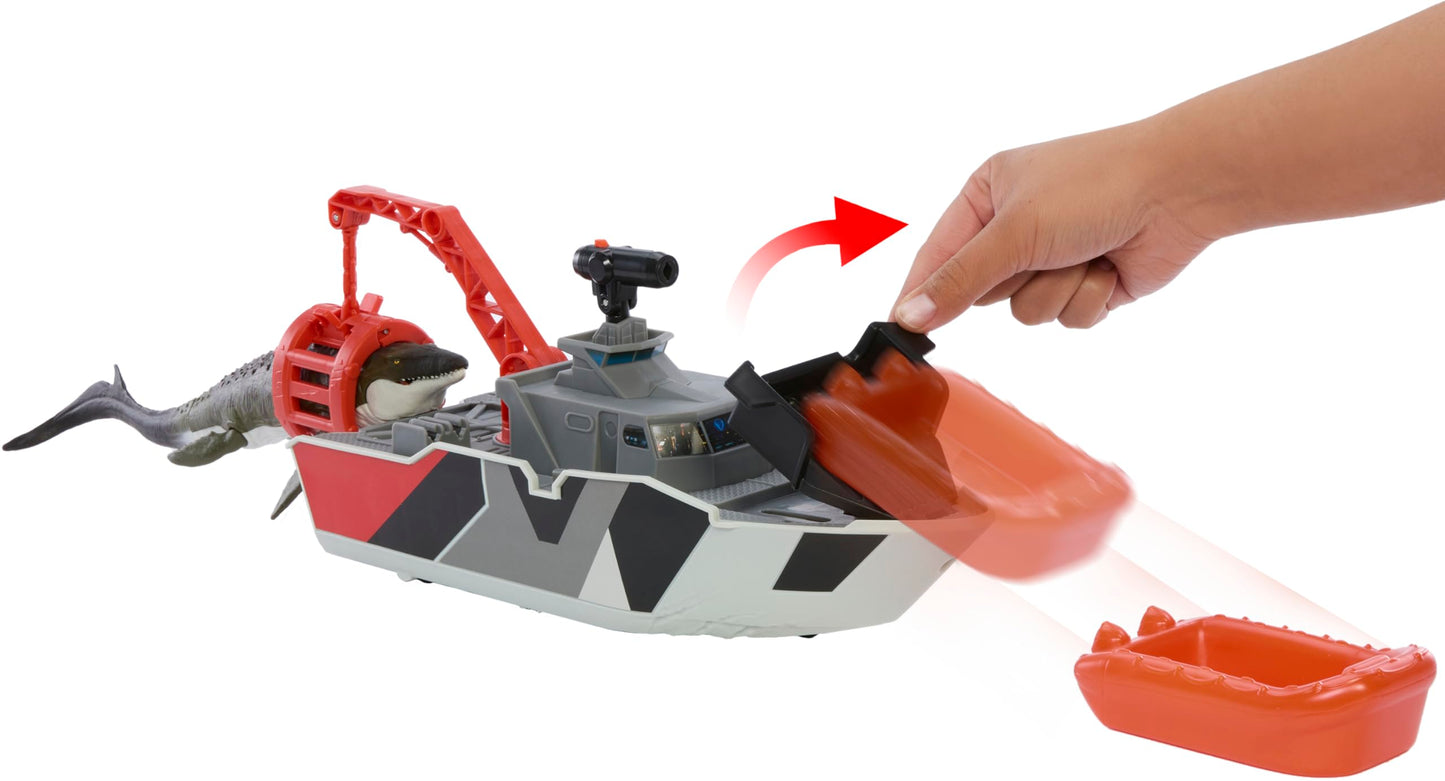 Matchbox Jurassic World Dino Boat Playset with Mosasaurus, Die-Cast Jeep, and Rescue Boat, 14.6" Multicolor, Model JGG61