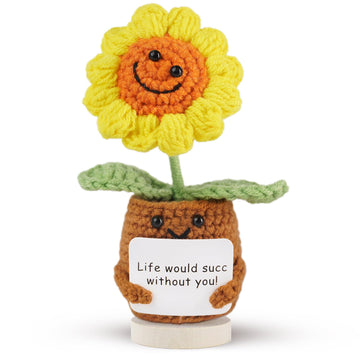 Penzoos Handmade Crochet Sunflower Plush With Positive Card Gift For Friend,Kid,Coworker,Teacher - Emotional Support Doll Desk D