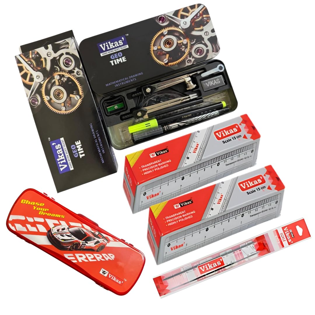 Vikas Geo Time 2026 Edition Geometry Box + Ultra Red Pencil Box + 20 Pcs 15Cm Scale Combo | School Exam Combo Pack | Durable Sta