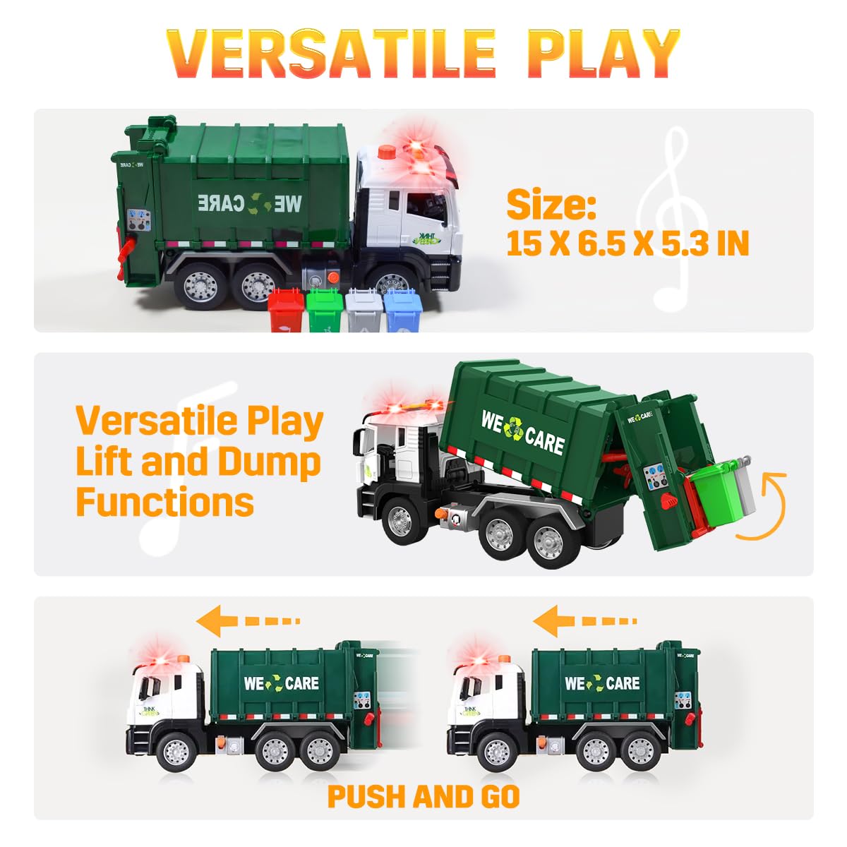 AXWATDEI Garbage Truck Toy - Large Friction Powered Trash Truck with Lights, Sounds, 4 Trash Bins, Green, Model WY1115A
