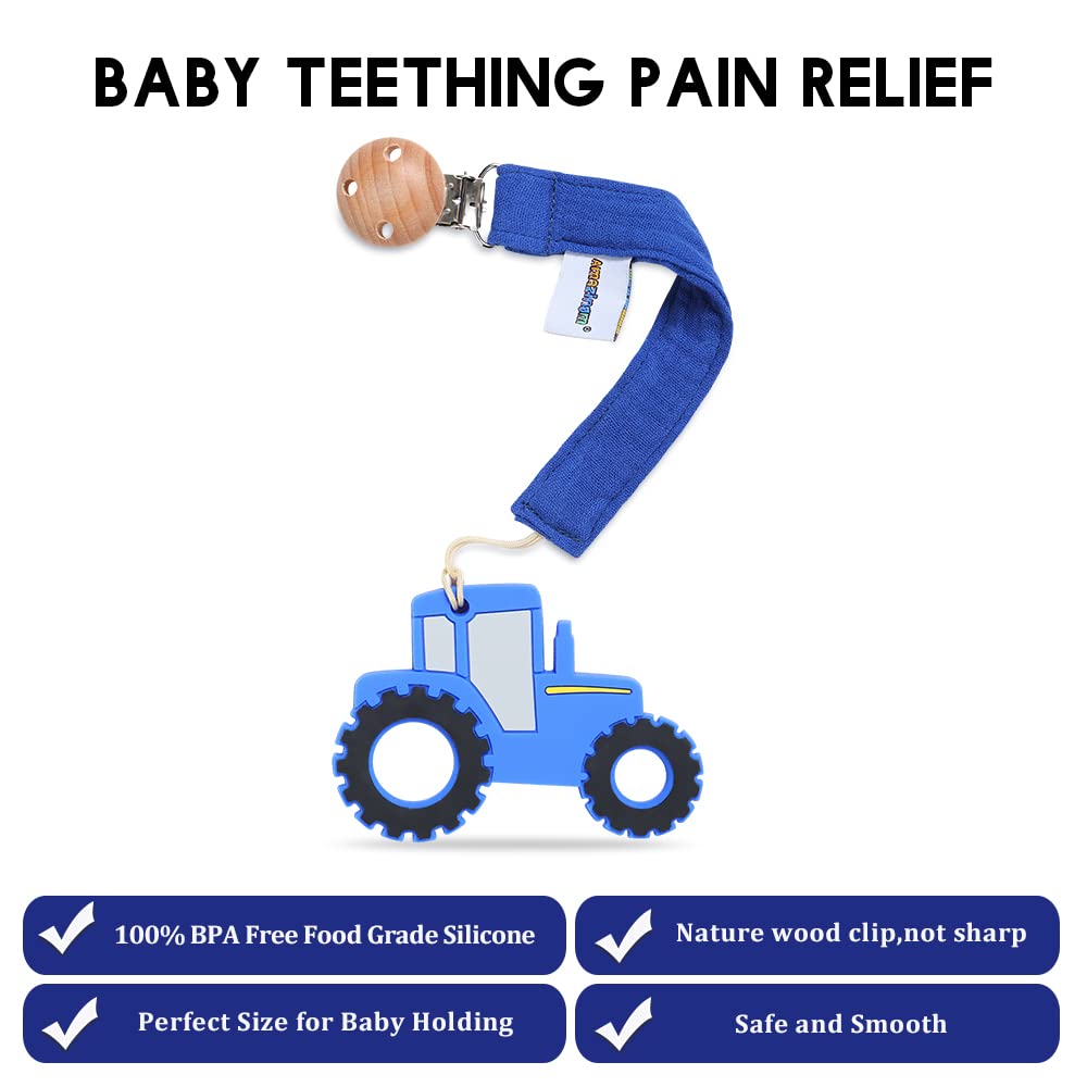 Amazingm Baby Food Grade Silicone Tractor Car Teether Toy With Pacifier Clip Holder,Teething Pain Relief Toys Gift Set For 3 Months+ Boys And Girls,Freezer Safe,Bpa Free (Blue)