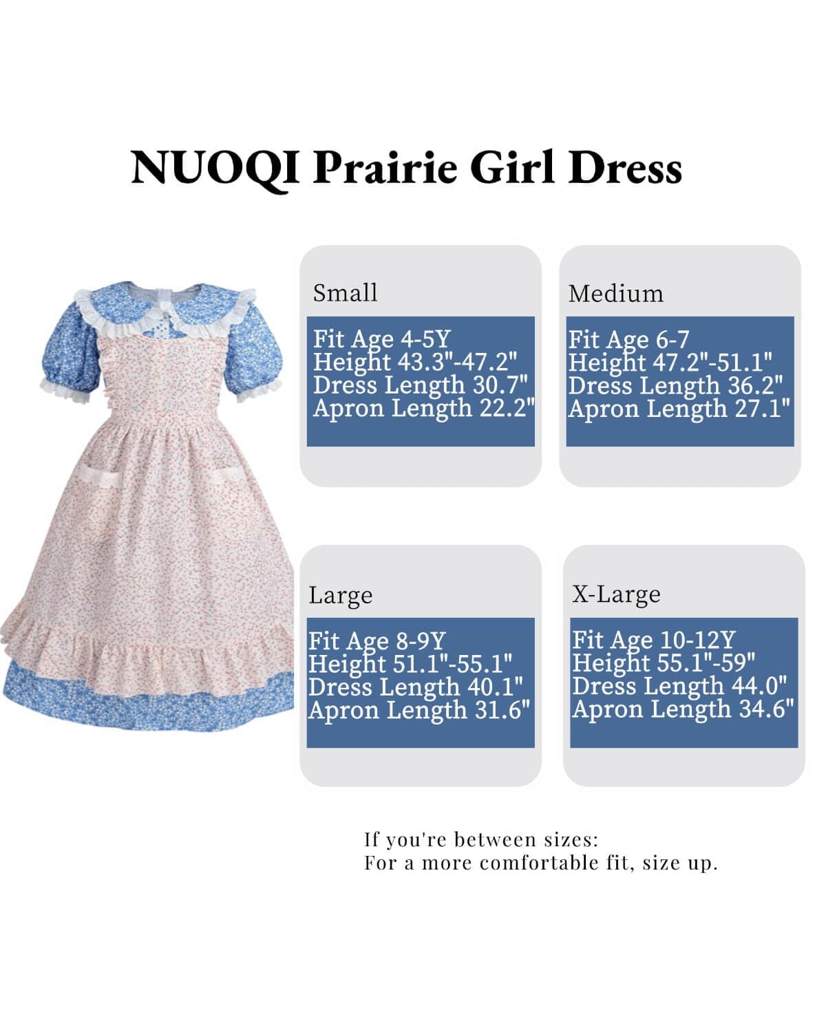 Nuoqi Colonial Costume Girls Prairie Pioneer Dress Laura Ingalls Wilder Costume With Apron Blue, 6-7