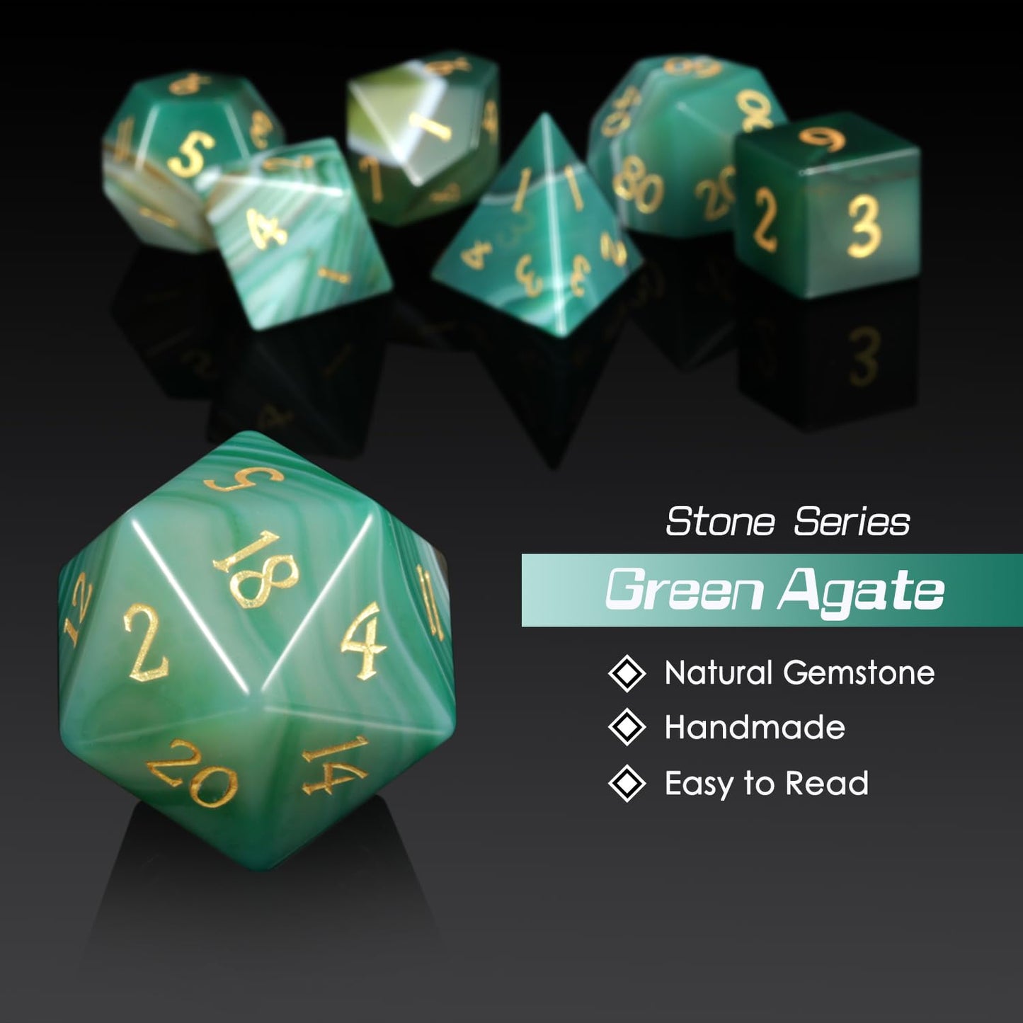 Dndnd Aagte Dungeons And Dragon Dice Set 7 Pcs D&D Dice With Gorgeous Gift Case For Dnd Tabletop Game (Green Agate)