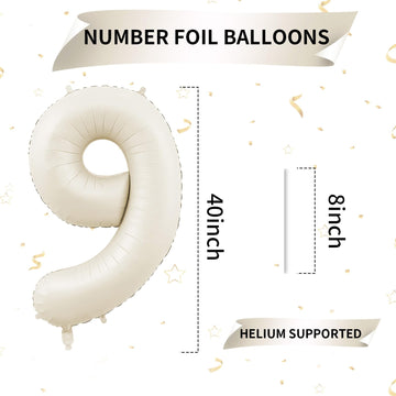 40 Inch Cream Number 9 Balloon, Beige Large 9Th Birthday Balloons, Digital 9 Cream White Giant 9 Foil Balloon Helium For Boys Gi