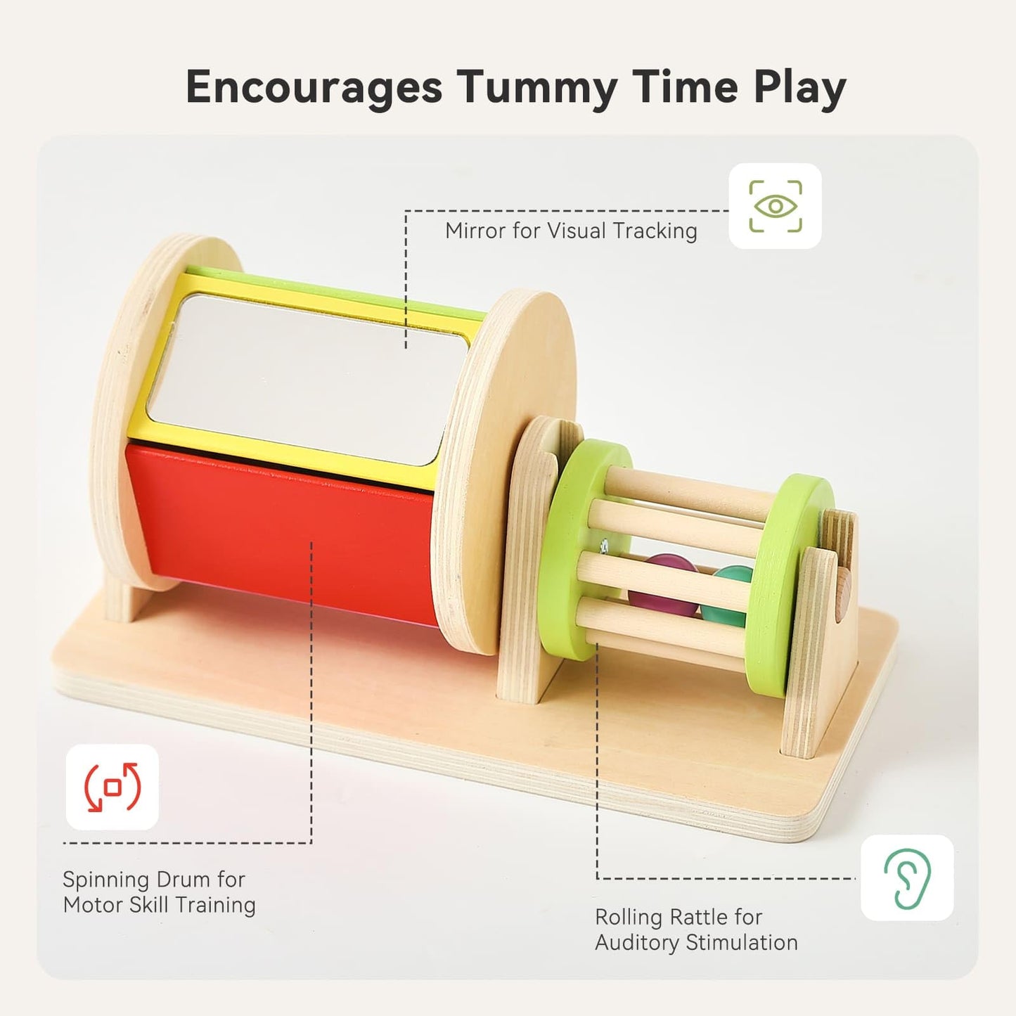 Ieatfo 2-In-1 Montessori Baby Toys | Wooden Spinning Drum & Rolling Rattle Combo For 3 6 12 Months | Sensory Development Toys Wi