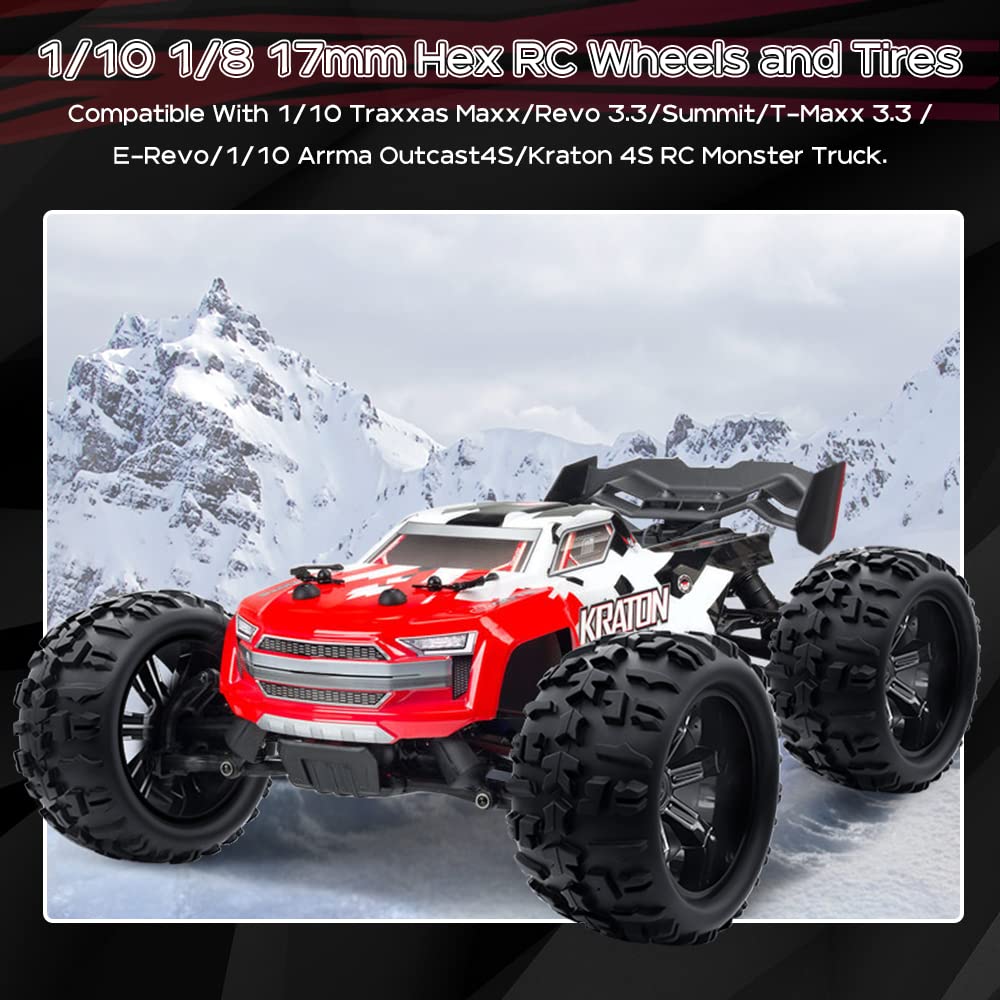 GLOBACT Pre-Glued 1/8 1/10 17mm Hex RC Monster Truck Wheels & Tires, Black, Foam Inserts, Compatible with TRX ERevo, T