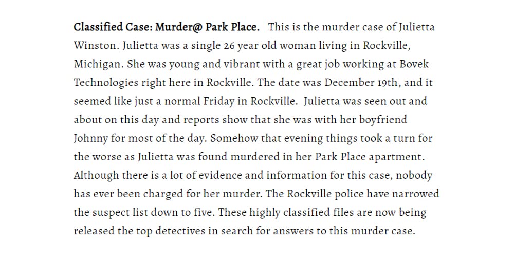 Detective Murder Unsolved Murder Mystery Game - Murder @ Park Place - Unsolved Murder Mystery Cold Case Files Game