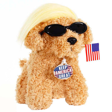 Lanxitown President Donald Teddy Dog with Wig, Tag and Flag President Donald Merchandise Donald Doll President Donald Dog Toy Fu