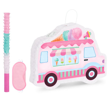 Wernnsai Ice Cream Piñata -15.7'' X 12.2'' Ice Cream Truck Piñata With Stick And Blindfold Birthday Game For Kids Girls Summer Candy Theme Party Baby Shower School Activities Dessert Party Decorations