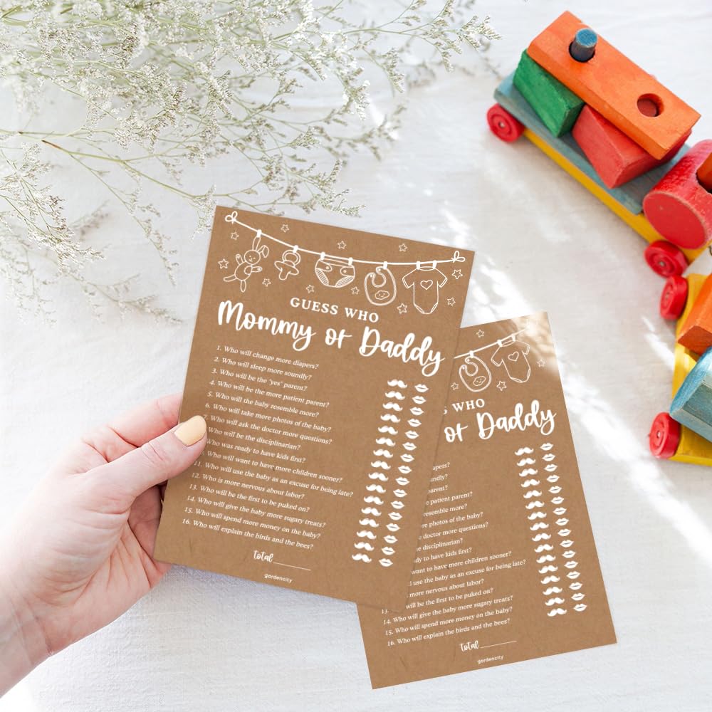 Guess Who Mommy Or Daddy Baby Shower Game, Baby Shower Games For Boy Or Girl, 50 Cards, Kraft Minimalist