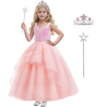 Btonai Kids Pink Witch Costume for Girls Pink Bubble Tulle Dress Princess Sequins Mesh Outfits with Crown and Wand