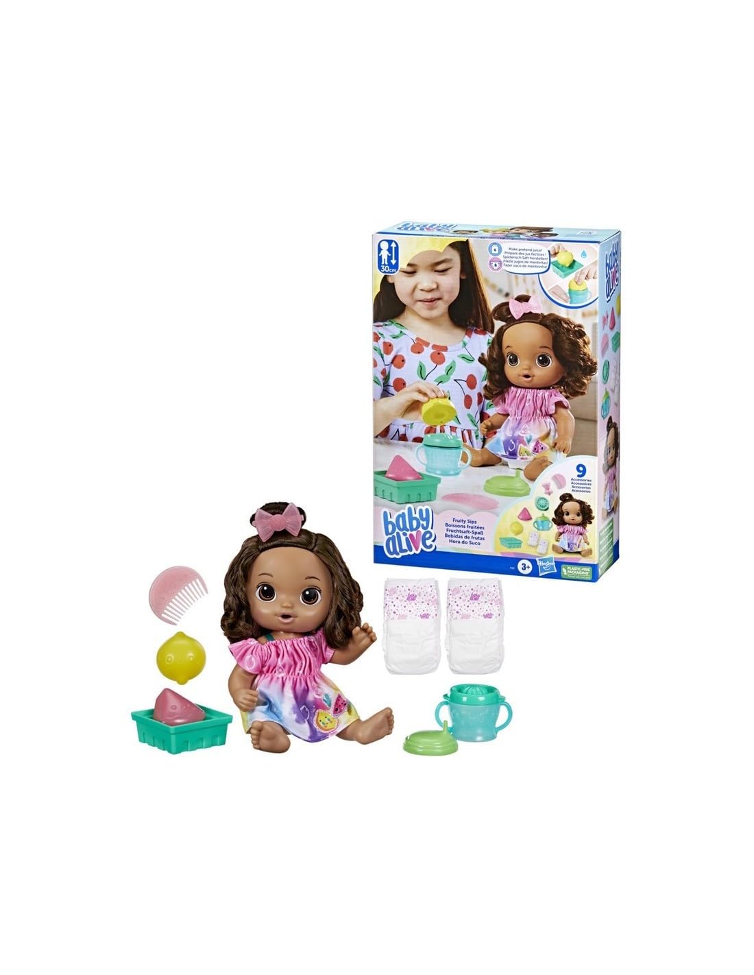 Baby Alive Fruity Sips Doll, Lemon, Toys For 3 Year Old Girls, 12-Inch Baby Doll Set, Drinks & Wets, Pretend Juicer, Kids 3 And Up, Brown Hair