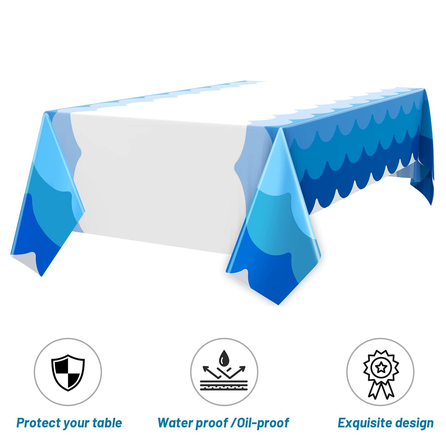 Irenare 3 Pcs Ocean Waves Theme Tablecloth Ocean 87 x 108 Inch Blue Rectangle Water Print Plastic Table Cover Sea Beach Mermaid