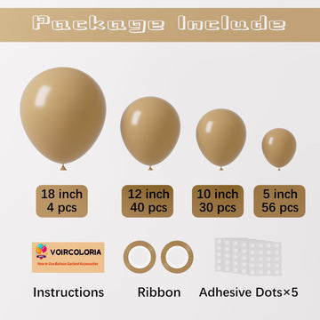 Voircoloria 130Pcs Tan Balloons Different Sizes 18'' 12'' 10'' 5'' Light Brown Latex Balloon Garland Arch Kit For Birthday Baby