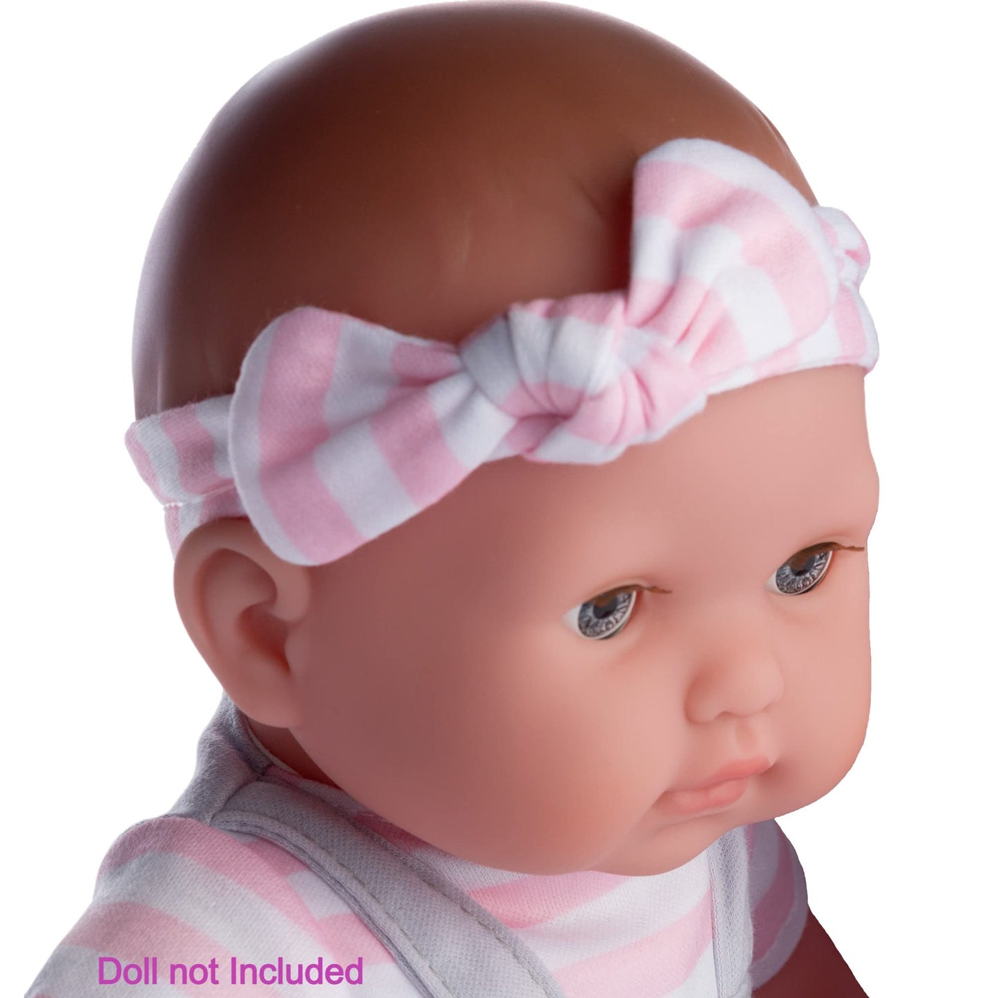 Jc Toys | Berenguer Boutique | Baby Doll Outfit | Gray Overall Shorts With Pink Stripes | Includes Headband And Booties | Ages 2+ | Fits Dolls 14'- 16'