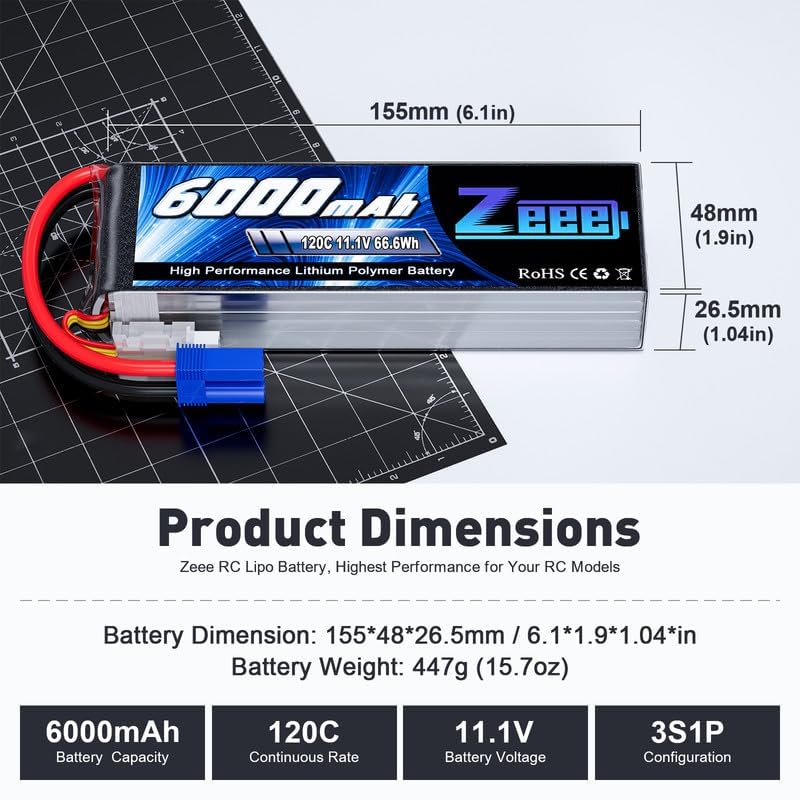 Zeee 3S Lipo Battery 6000mAh 11.1V 120C Soft Case RC Battery with EC5 Connector for Helicopter Airplane Quadcopter RC Airplane R